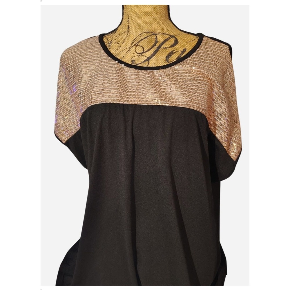 Shein Curve Womens 2XL Black Rose Gold Sequin Yoke Short Sleeve Blouse Top